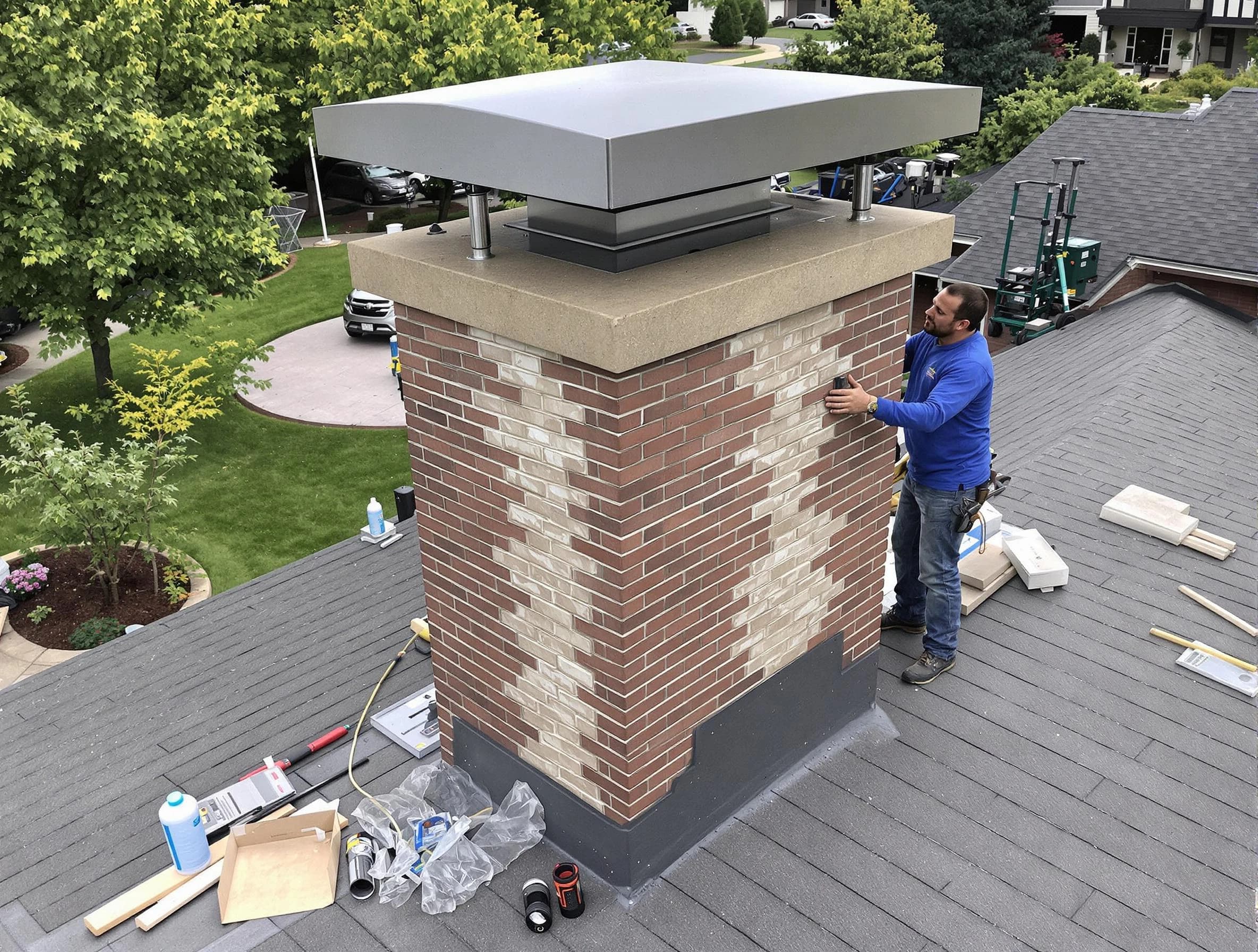 Mustang Chimney Sweep team working on a custom chimney remodel in Mustang, OK