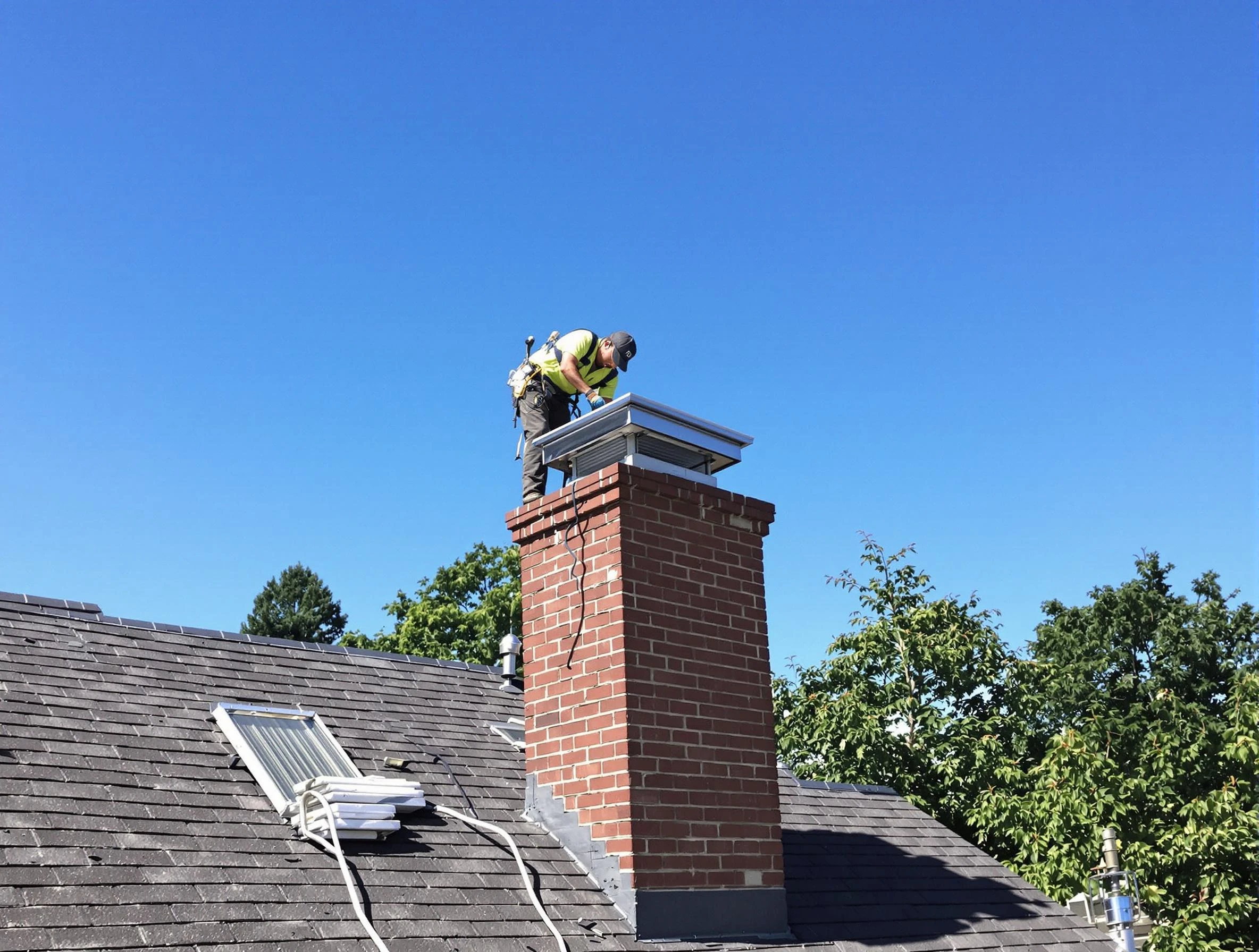 Mustang Chimney Sweep technician measuring a chimney cap in Mustang, OK